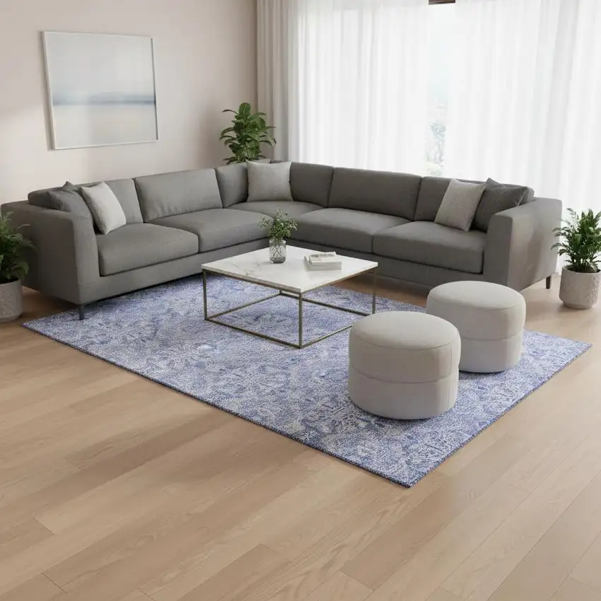 Sky Blue And Ivory Medallion Washable Area Rug With UV Protection Photo 2