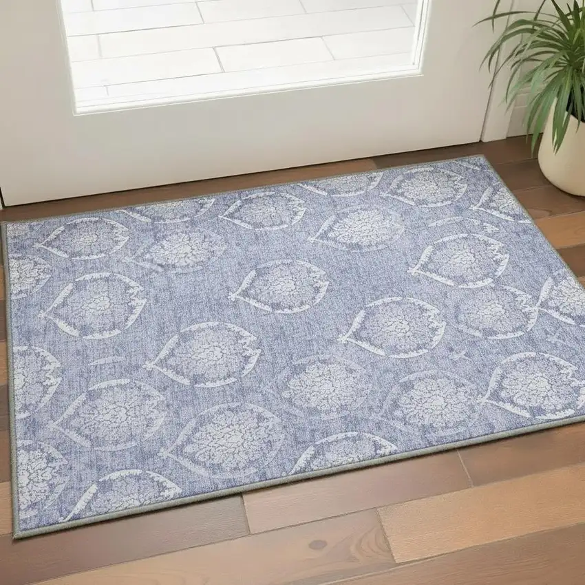 Sky Blue And Ivory Medallion Washable Area Rug With UV Protection Photo 2