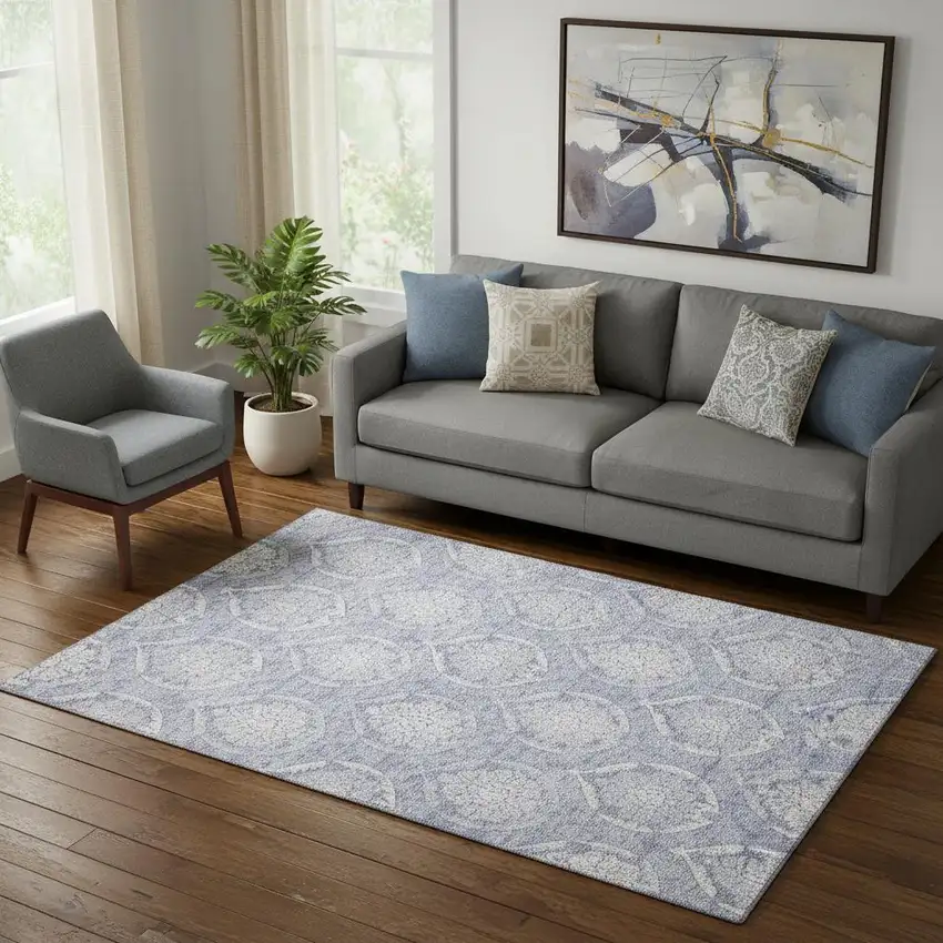Sky Blue And Ivory Medallion Washable Area Rug With UV Protection Photo 1
