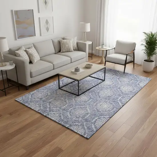 Sky Blue And Ivory Medallion Washable Area Rug With UV Protection Photo 2