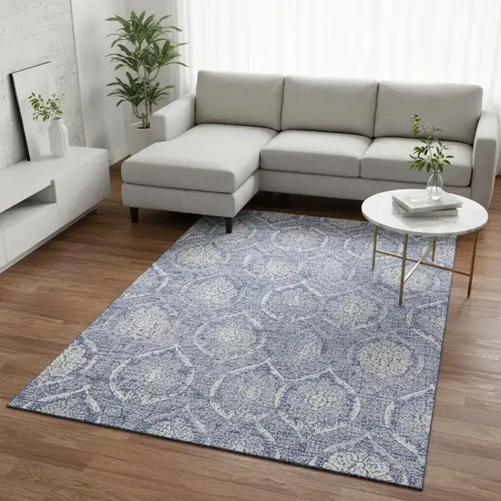 Sky Blue And Ivory Medallion Washable Area Rug With UV Protection Photo 2