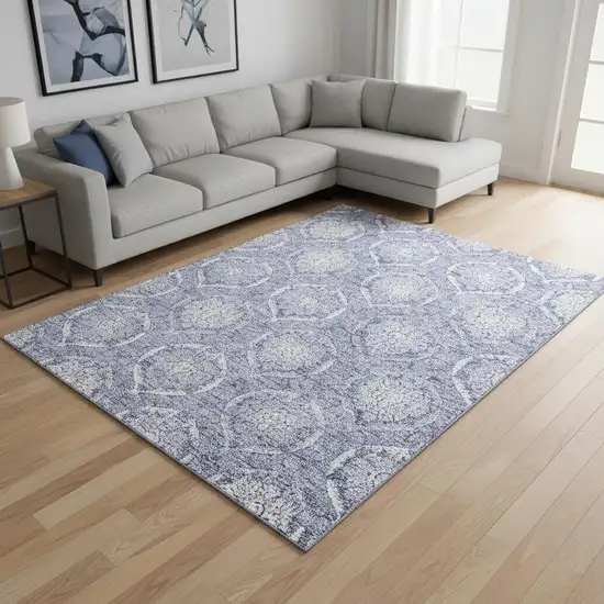 Sky Blue And Ivory Medallion Washable Area Rug With UV Protection Photo 2