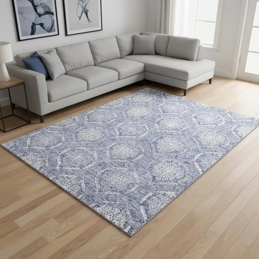 Sky Blue And Ivory Medallion Washable Area Rug With UV Protection Photo 2