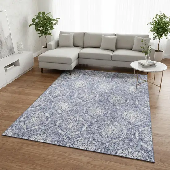 Sky Blue And Ivory Medallion Washable Area Rug With UV Protection Photo 2