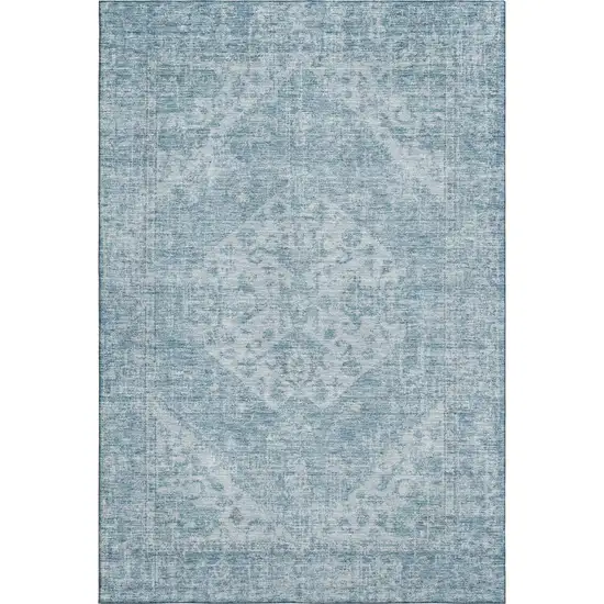 Sky Blue And Ivory Medallion Washable Area Rug With UV Protection Photo 1