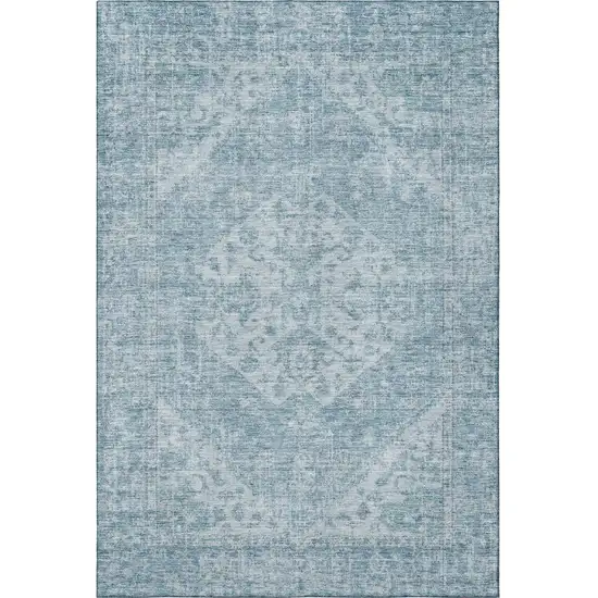Sky Blue And Ivory Medallion Washable Area Rug With UV Protection Photo 3