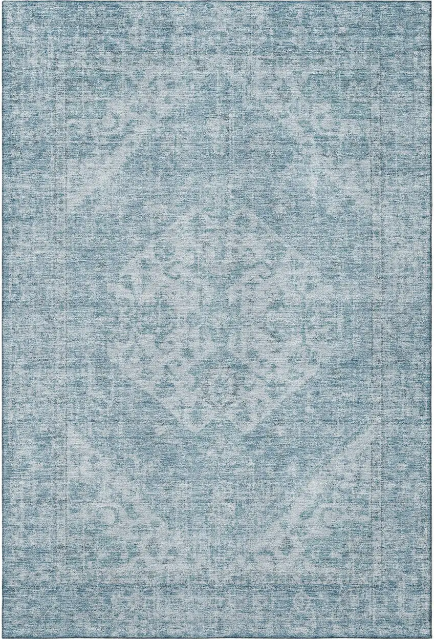 Sky Blue And Ivory Medallion Washable Area Rug With UV Protection Photo 3