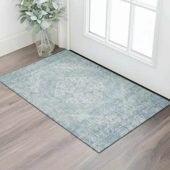 Sky Blue And Ivory Medallion Washable Area Rug With UV Protection Photo 2