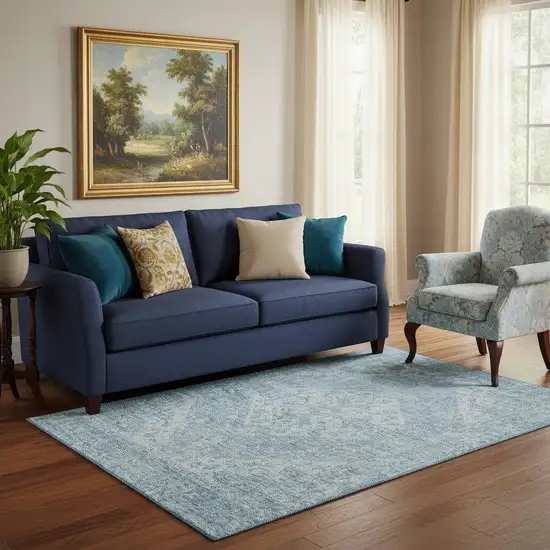 Sky Blue And Ivory Medallion Washable Area Rug With UV Protection Photo 2