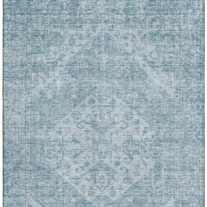 Sky Blue And Ivory Medallion Washable Area Rug With UV Protection Photo 3