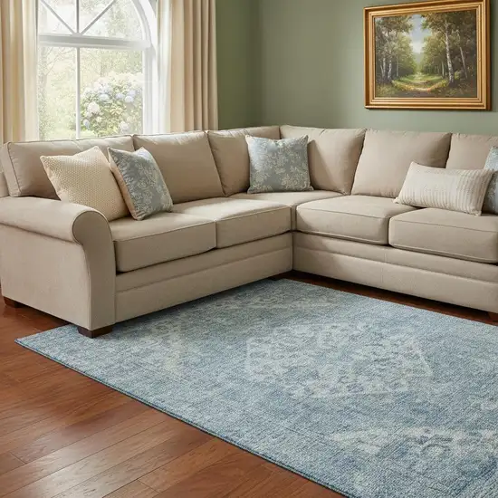 Sky Blue And Ivory Medallion Washable Area Rug With UV Protection Photo 2