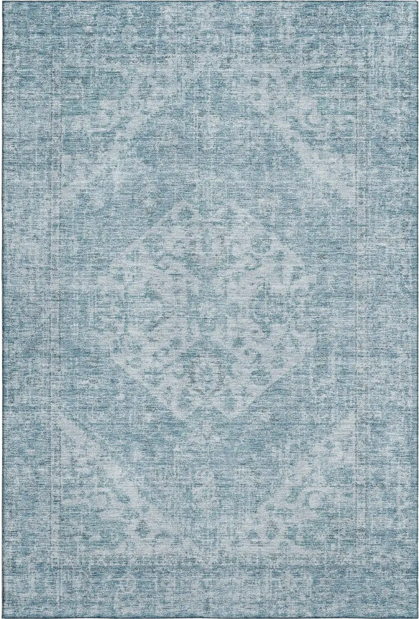 Sky Blue And Ivory Medallion Washable Area Rug With UV Protection Photo 1