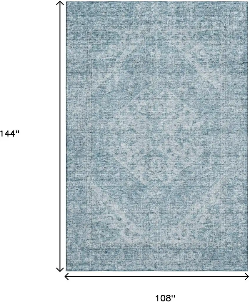 Sky Blue And Ivory Medallion Washable Area Rug With UV Protection Photo 9