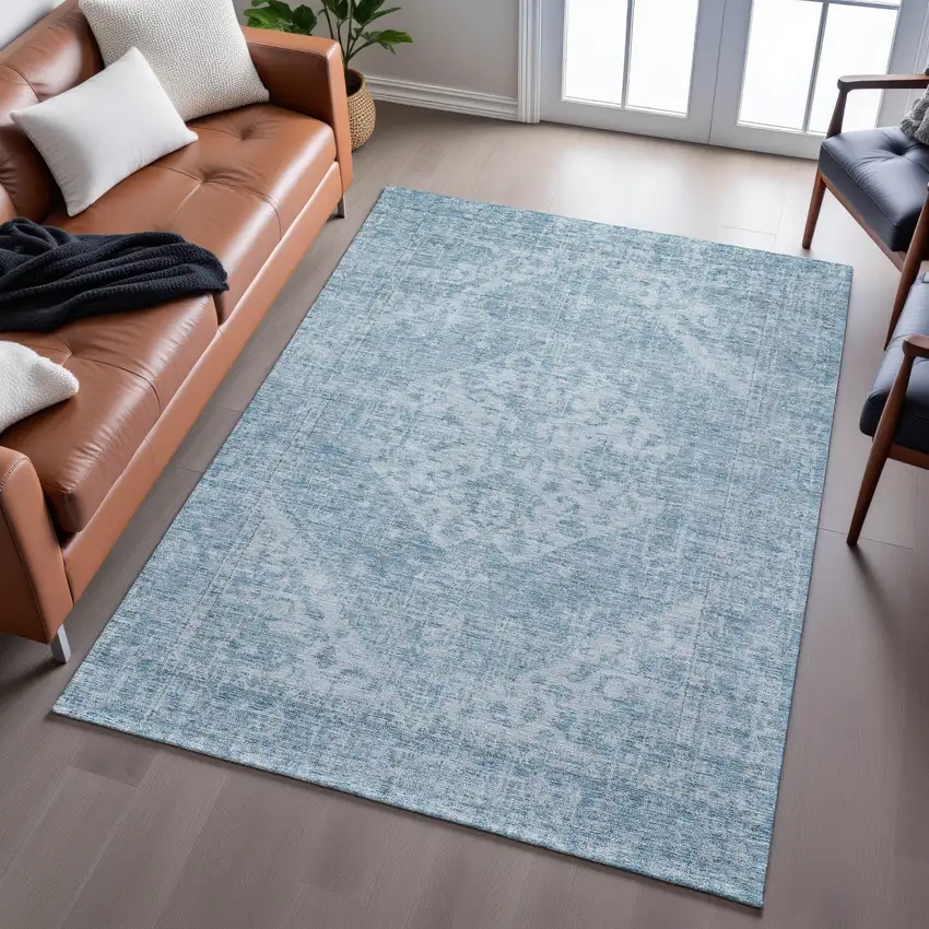 Sky Blue And Ivory Medallion Washable Area Rug With UV Protection Photo 4