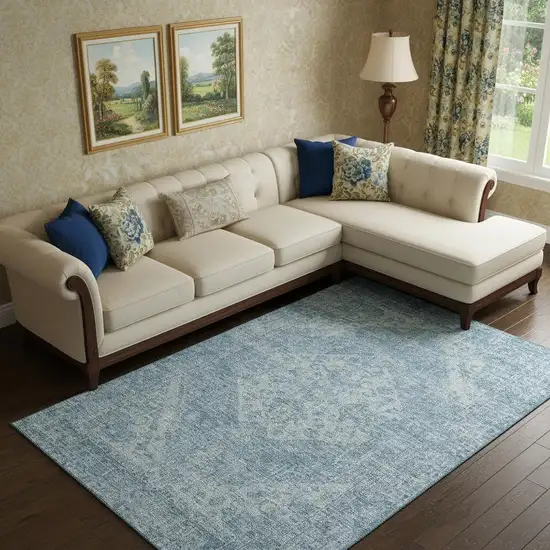 Sky Blue And Ivory Medallion Washable Area Rug With UV Protection Photo 2