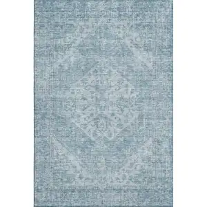 Photo of Sky Blue And Ivory Medallion Washable Area Rug With UV Protection