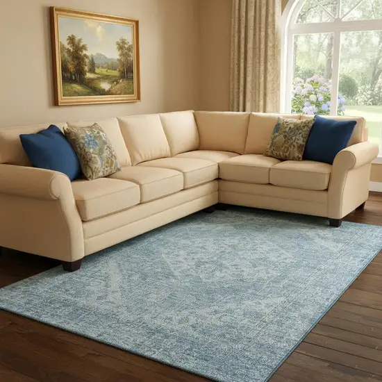 Sky Blue And Ivory Medallion Washable Area Rug With UV Protection Photo 2