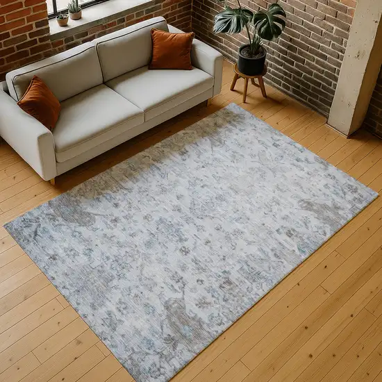 Sky Blue And Ivory Medallion Washable Indoor Outdoor Area Rug Photo 9