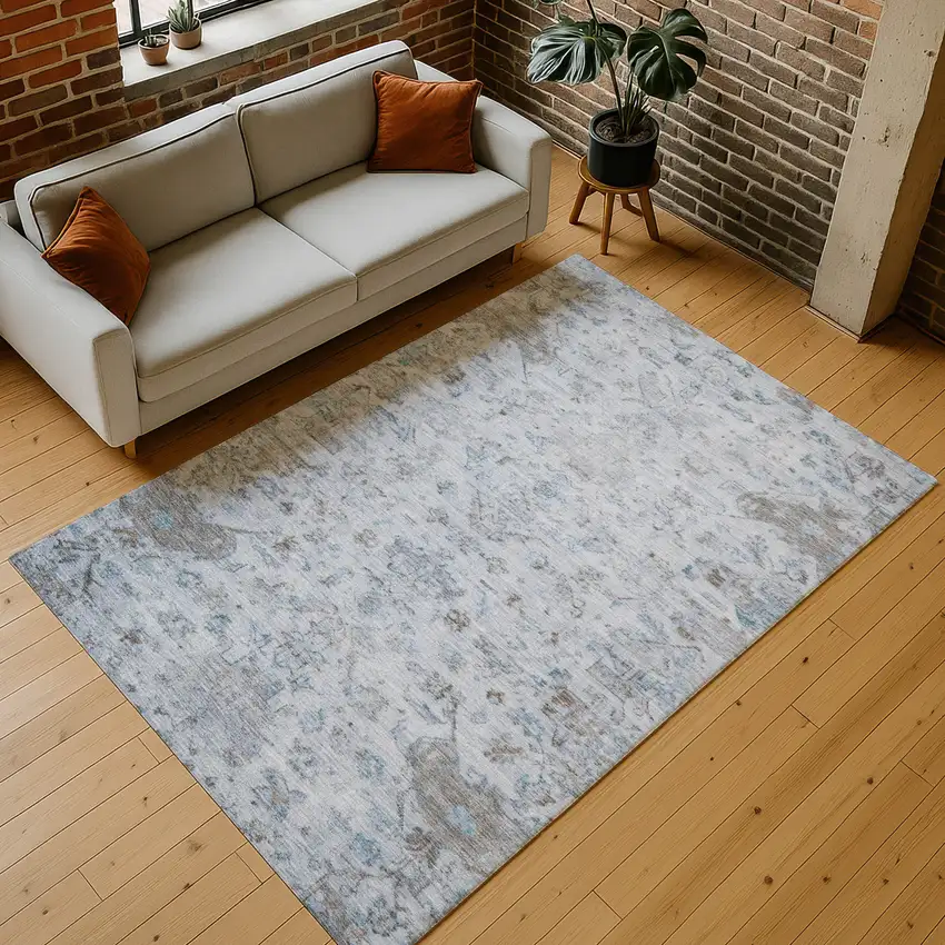 Sky Blue And Ivory Medallion Washable Indoor Outdoor Area Rug Photo 9