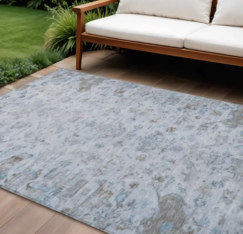 Sky Blue And Ivory Medallion Washable Indoor Outdoor Area Rug Photo 1