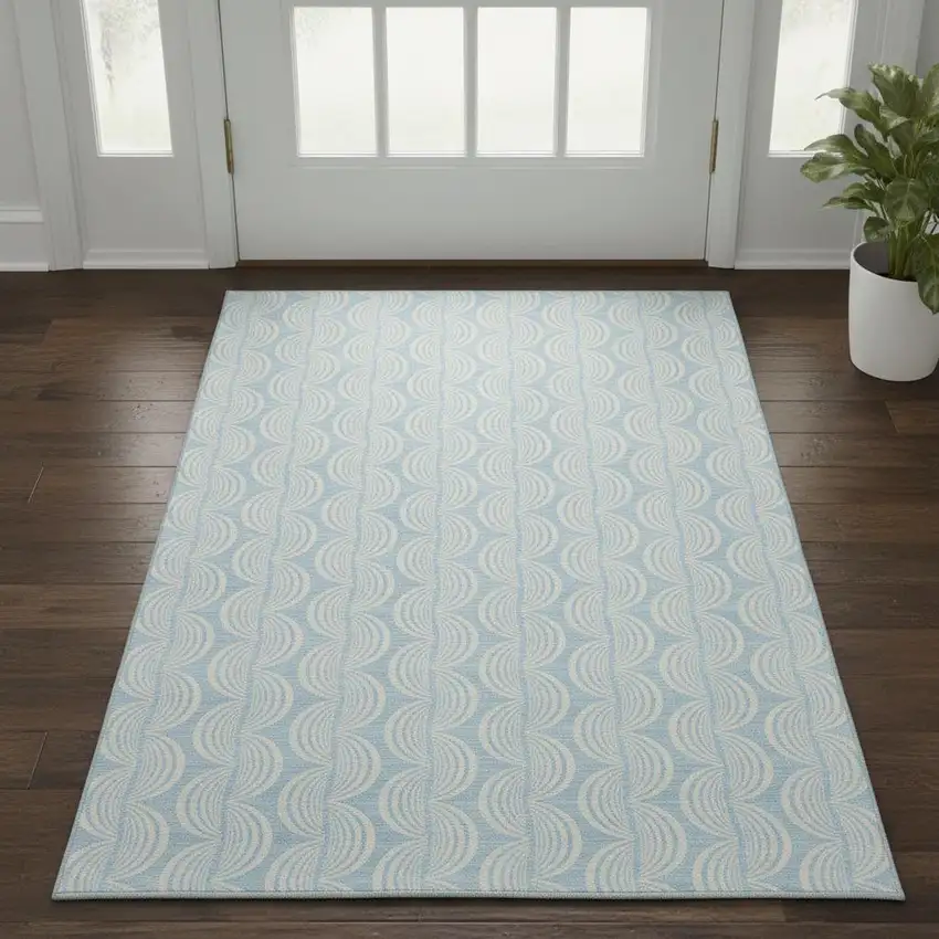 Sky Blue And Ivory Ogee Washable Area Rug With UV Protection Photo 2