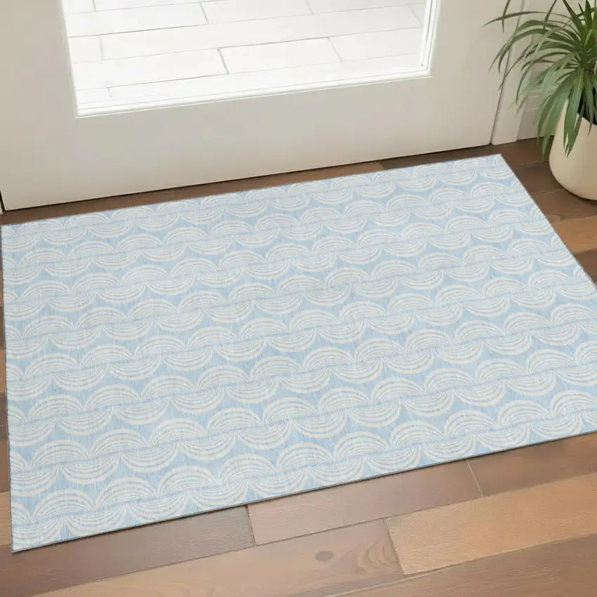 Sky Blue And Ivory Ogee Washable Area Rug With UV Protection Photo 1