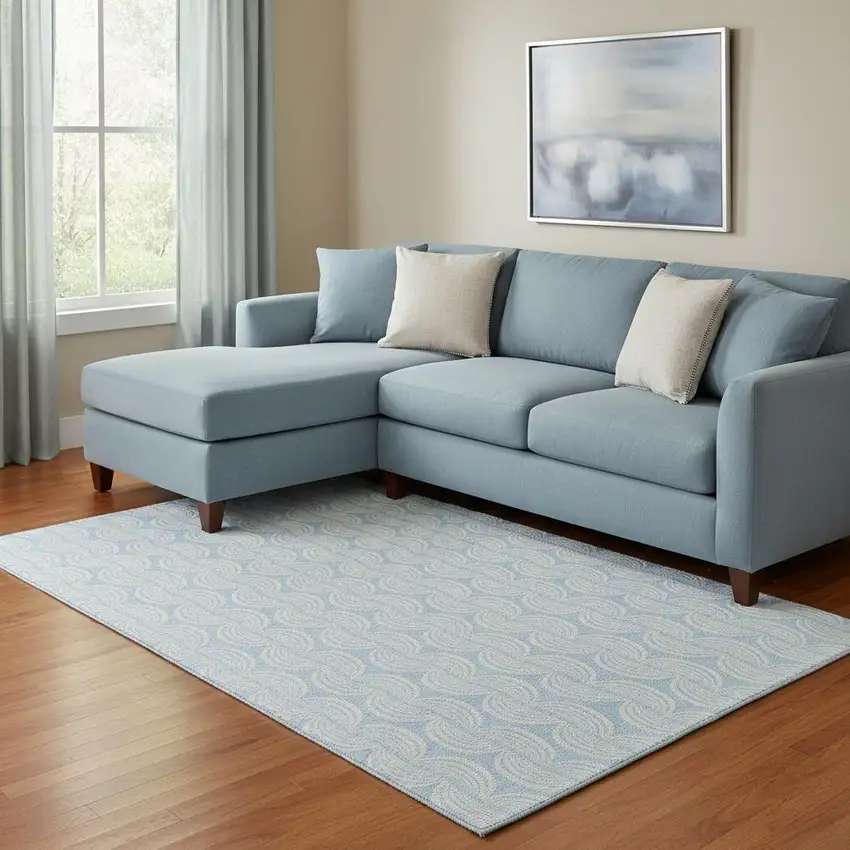 Sky Blue And Ivory Ogee Washable Area Rug With UV Protection Photo 2