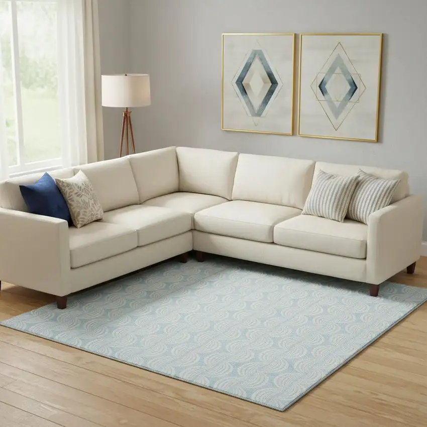 Sky Blue And Ivory Ogee Washable Area Rug With UV Protection Photo 2