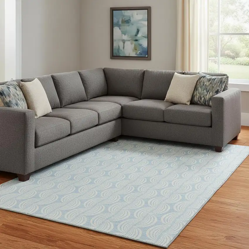 Sky Blue And Ivory Ogee Washable Area Rug With UV Protection Photo 2