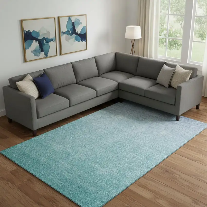 Sky Blue And Ivory Ombre Washable Area Rug With UV Protection Photo 1