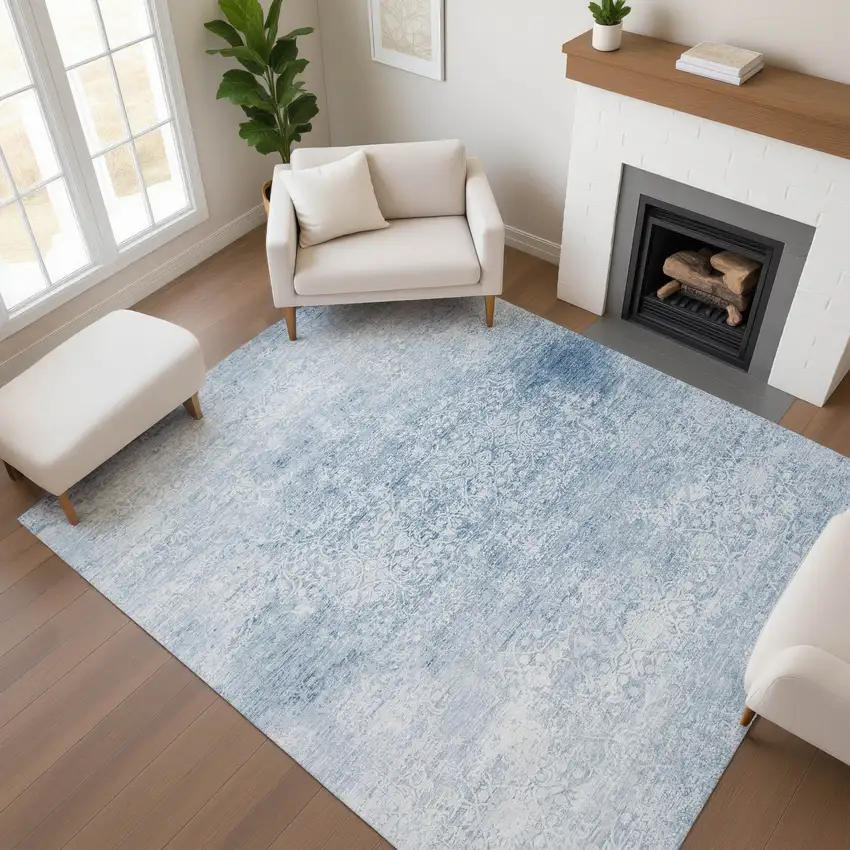 Sky Blue And Ivory Oriental Washable Area Rug With UV Protection Photo 4