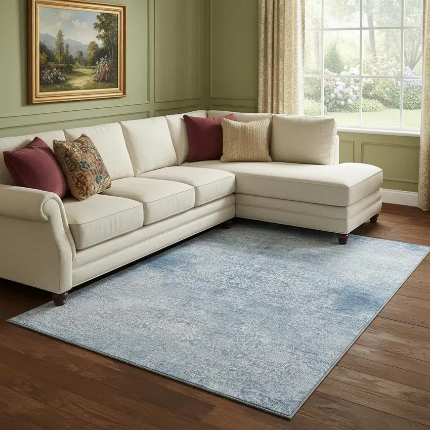 Sky Blue And Ivory Oriental Washable Area Rug With UV Protection Photo 2