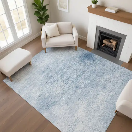 Sky Blue And Ivory Oriental Washable Area Rug With UV Protection Photo 4