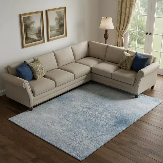 Sky Blue And Ivory Oriental Washable Area Rug With UV Protection Photo 2