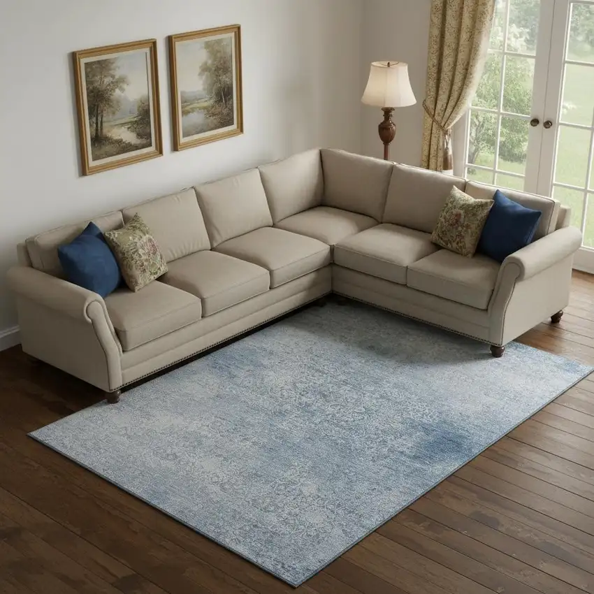 Sky Blue And Ivory Oriental Washable Area Rug With UV Protection Photo 2