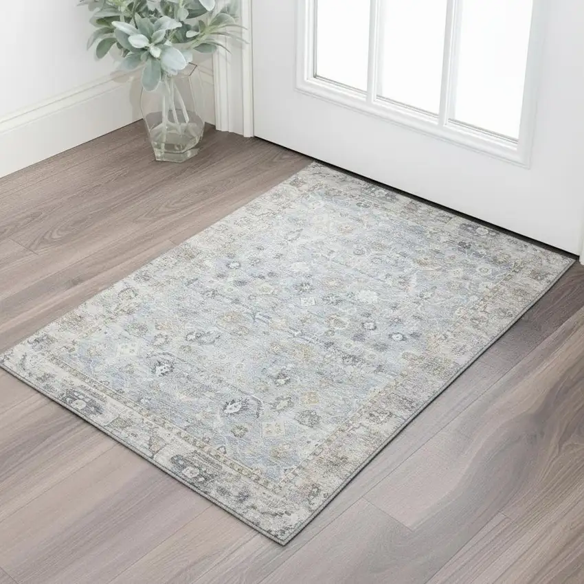 Sky Blue And Ivory Oriental Washable Area Rug With UV Protection Photo 2