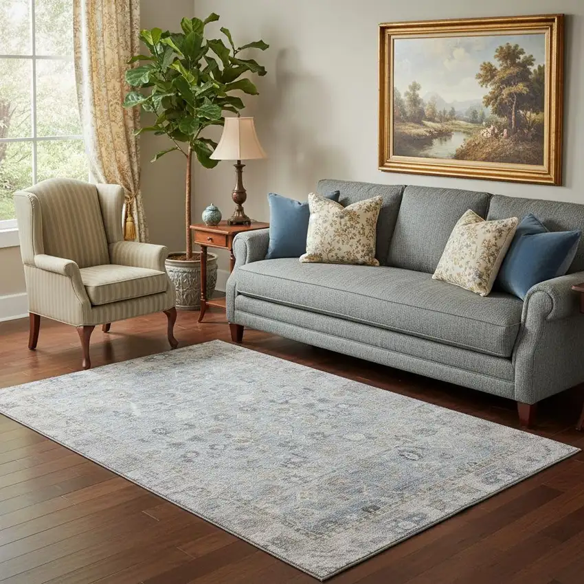 Sky Blue And Ivory Oriental Washable Area Rug With UV Protection Photo 2