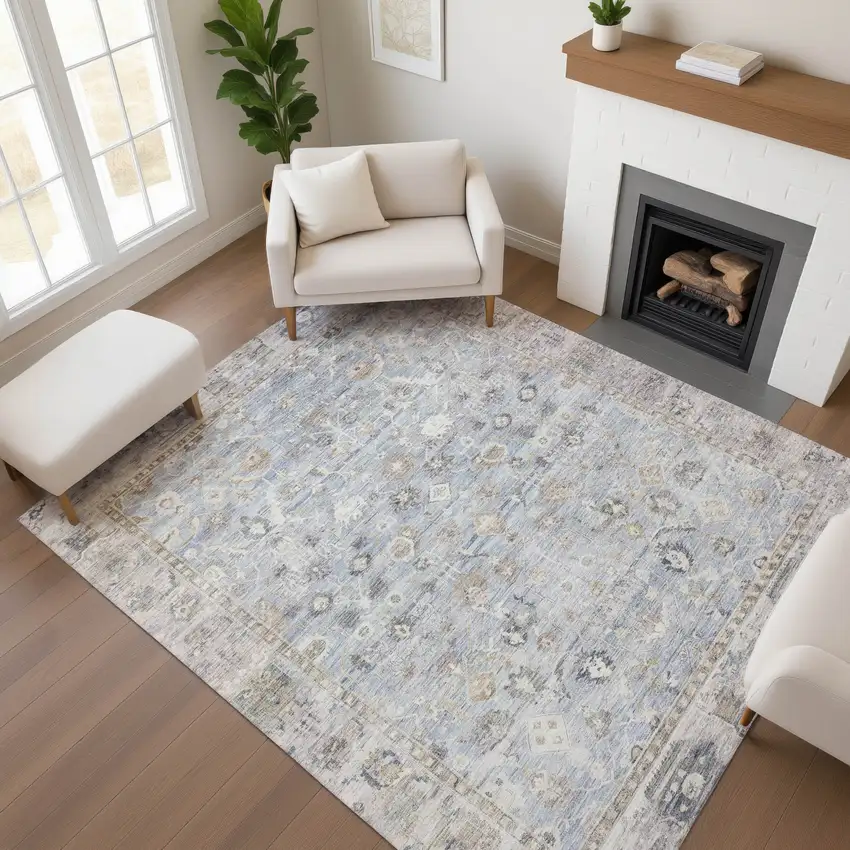 Sky Blue And Ivory Oriental Washable Area Rug With UV Protection Photo 4