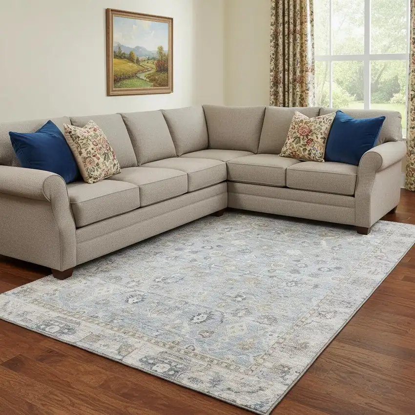 Sky Blue And Ivory Oriental Washable Area Rug With UV Protection Photo 2