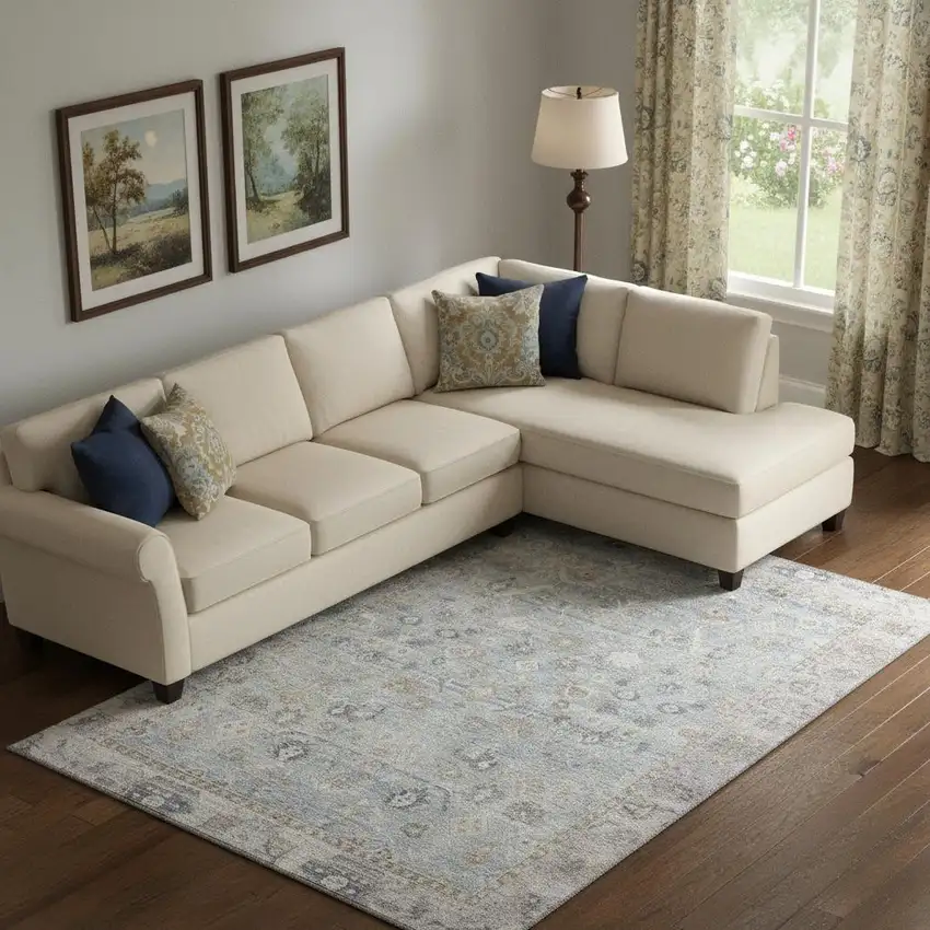 Sky Blue And Ivory Oriental Washable Area Rug With UV Protection Photo 2