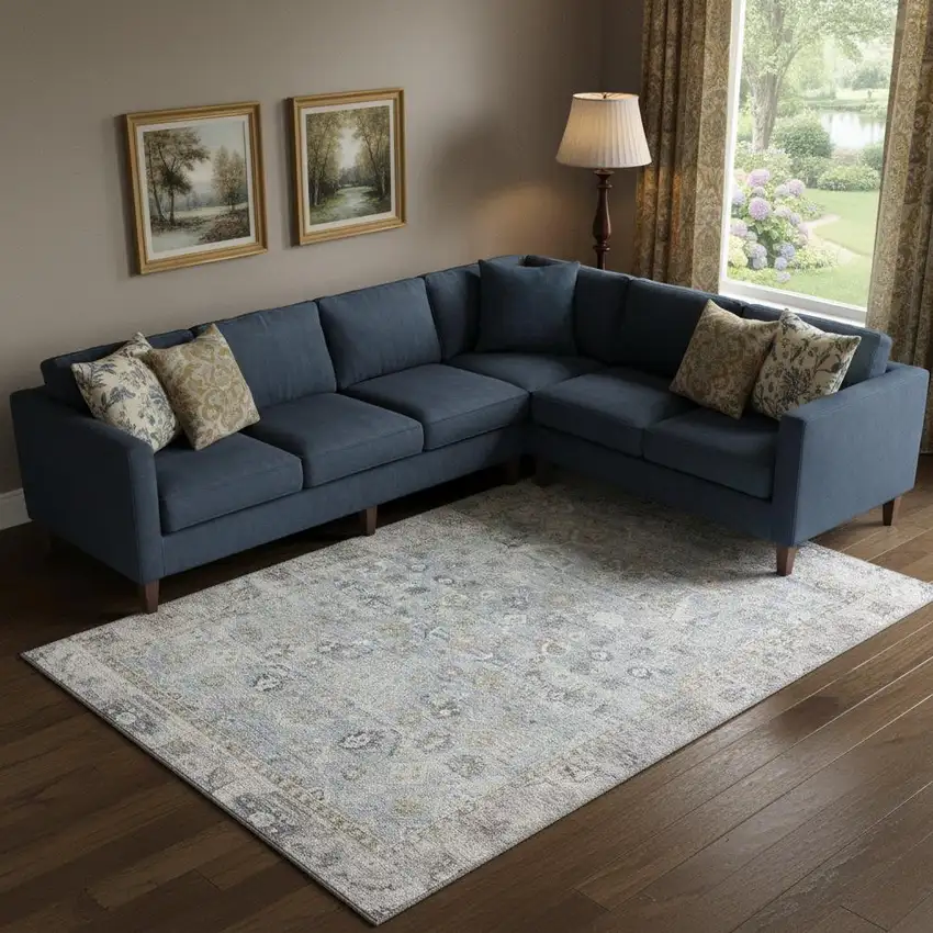 Sky Blue And Ivory Oriental Washable Area Rug With UV Protection Photo 2