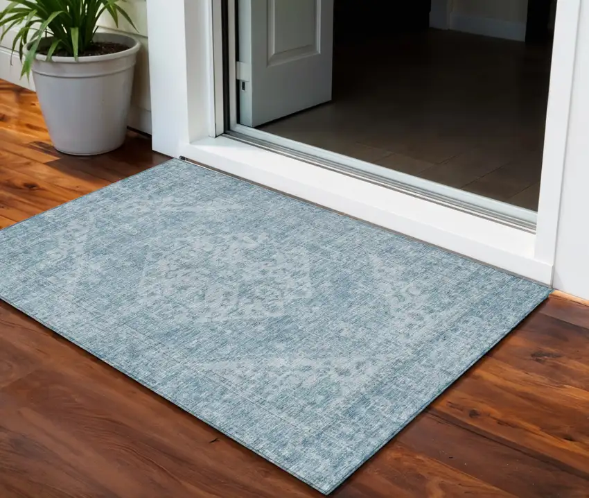 Sky Blue And Ivory Oriental Washable Indoor Outdoor Area Rug Photo 1