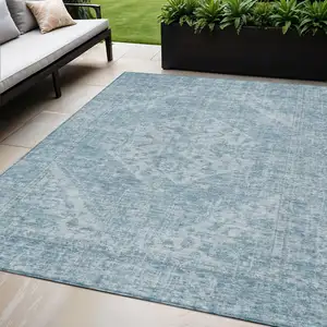 Photo of Sky Blue And Ivory Oriental Washable Indoor Outdoor Area Rug