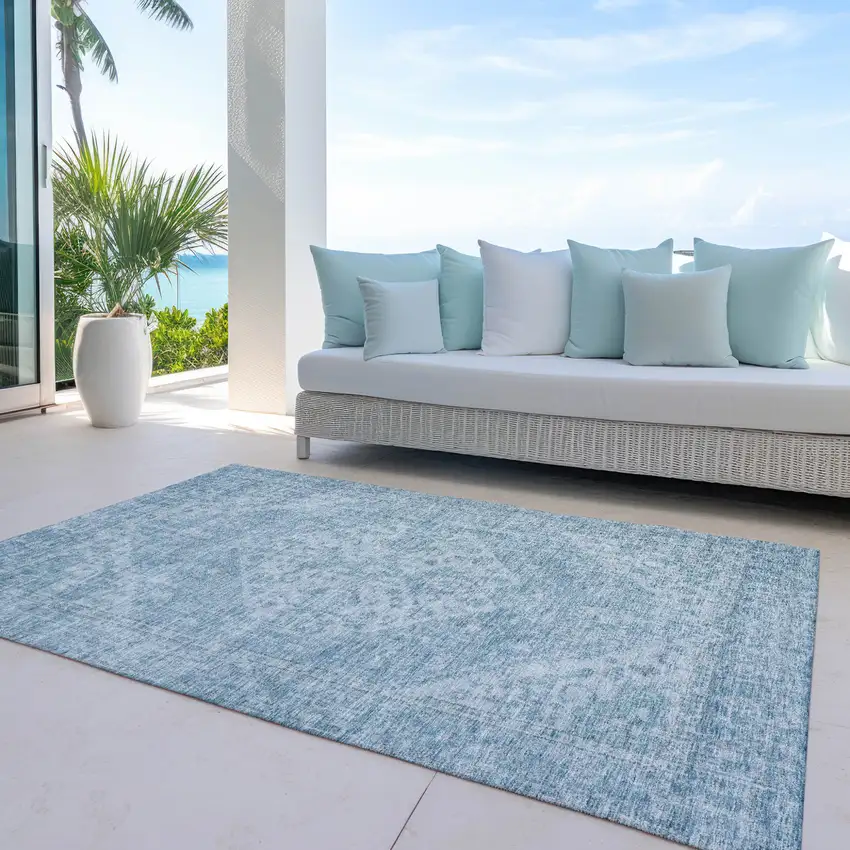 Sky Blue And Ivory Oriental Washable Indoor Outdoor Area Rug Photo 6