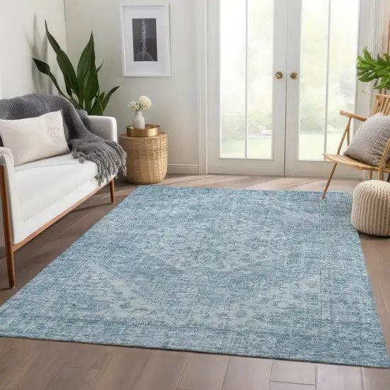 Sky Blue And Ivory Oriental Washable Indoor Outdoor Area Rug Photo 8