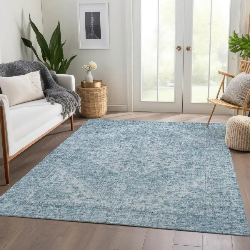 Sky Blue And Ivory Oriental Washable Indoor Outdoor Area Rug Photo 8