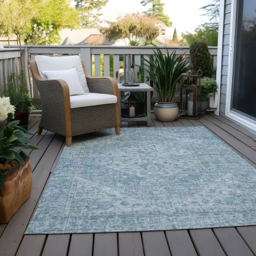 Sky Blue And Ivory Oriental Washable Indoor Outdoor Area Rug Photo 9