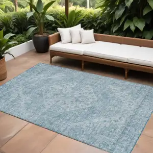 Photo of Sky Blue And Ivory Oriental Washable Indoor Outdoor Area Rug