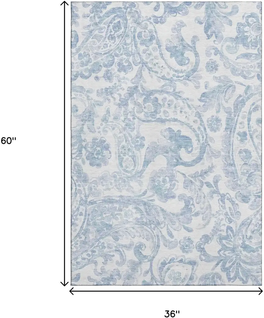 Sky Blue And Ivory Paisley Washable Area Rug With UV Protection Photo 3