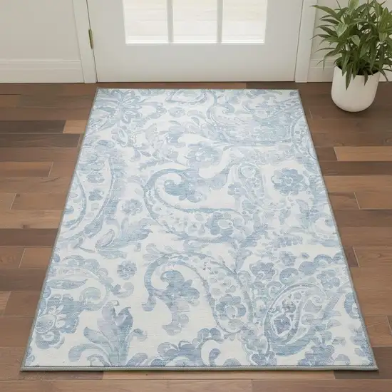 Sky Blue And Ivory Paisley Washable Area Rug With UV Protection Photo 2